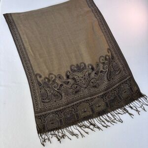 Paisley Reversible Pashmina Wrap Scarf Black Bronze Gold Fringe UL31A797